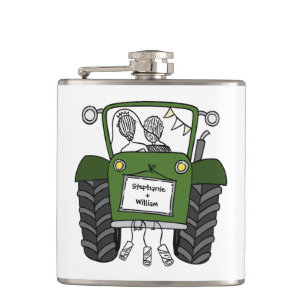 Gepersonaliseerde groene tractor land bruiloft cad heupfles