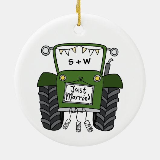 Gepersonaliseerde groene tractor land bruiloft cad keramisch ornament (Achterkant)