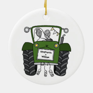 Gepersonaliseerde groene tractor land bruiloft cad keramisch ornament