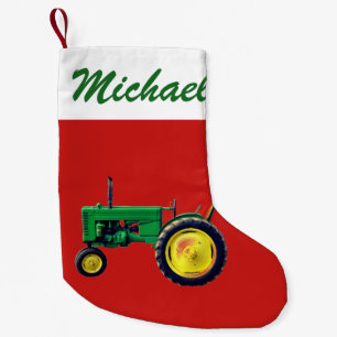 Gepersonaliseerde Groene Tractor op Rood Kleine Kerstsok