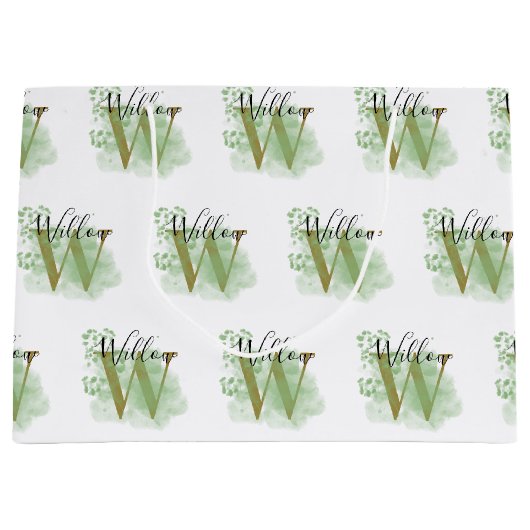Gepersonaliseerde groene Waterverf & Floral Initia Groot Cadeauzakje (Voorkant)