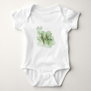 Gepersonaliseerde groene Waterverf & Floral Initia Romper