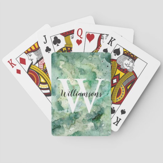 Gepersonaliseerde Groene Waterverf Monogram en Naa Pokerkaarten (Achterkant)