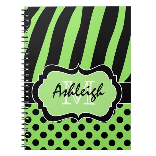 Gepersonaliseerde groene witte zwarte striped pool notitieboek (Voorkant)