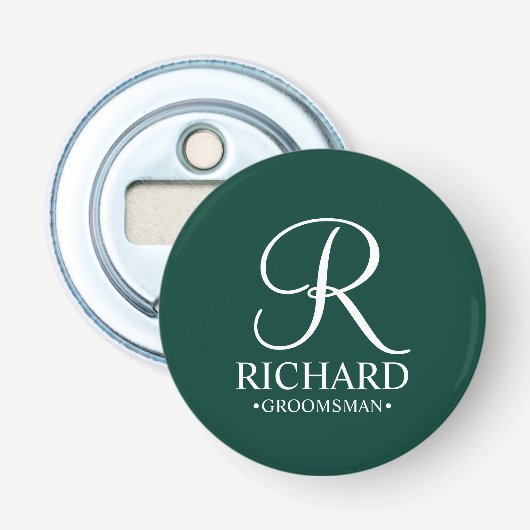 Gepersonaliseerde Groomsman's Naam en Monogram Button Flesopener (Voorkant)