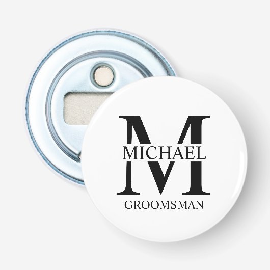 Gepersonaliseerde Groomsman's Naam en Monogram Button Flesopener (Voorkant)