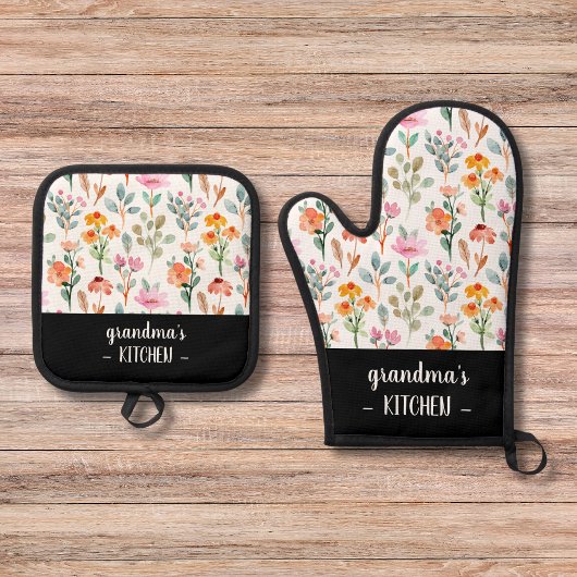 Gepersonaliseerde grootmoeder's keuken gedrukt Flo Ovenwant & Pannenlap Set