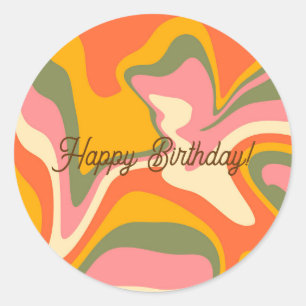 Gepersonaliseerde Groovy Retro Marble Oranje Party Ronde Sticker