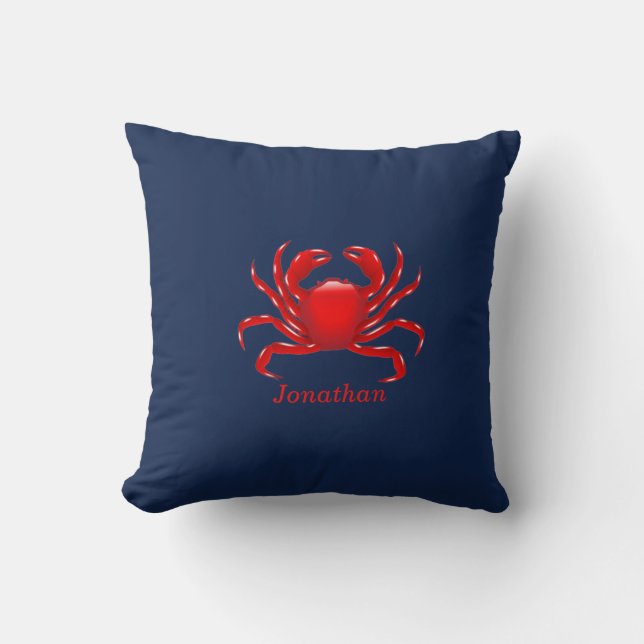 Gepersonaliseerde Grote Rode Krab Blauw Kussen (Voorkant)