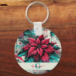 Gepersonaliseerde Grungy Poinsettia Bloemen Graffi Sleutelhanger