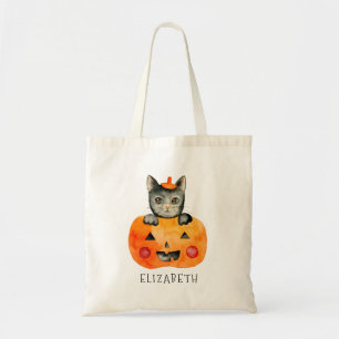 Gepersonaliseerde Halloween Black Cat en Pumpkin Tote Bag