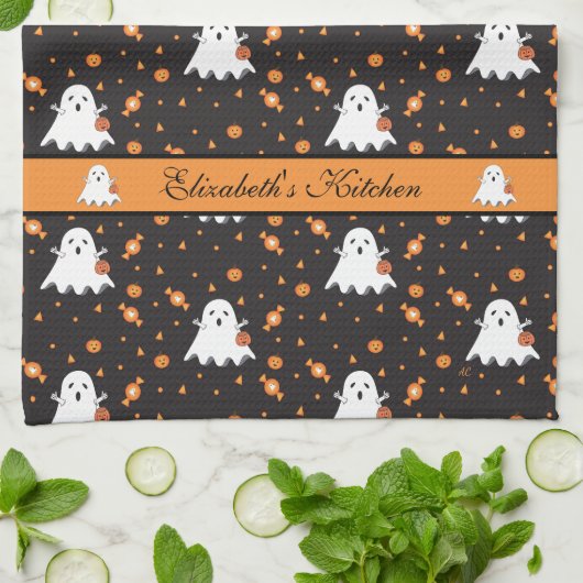 Gepersonaliseerde Halloween Ghost Pattern Zwart Theedoek (Gevouwen)