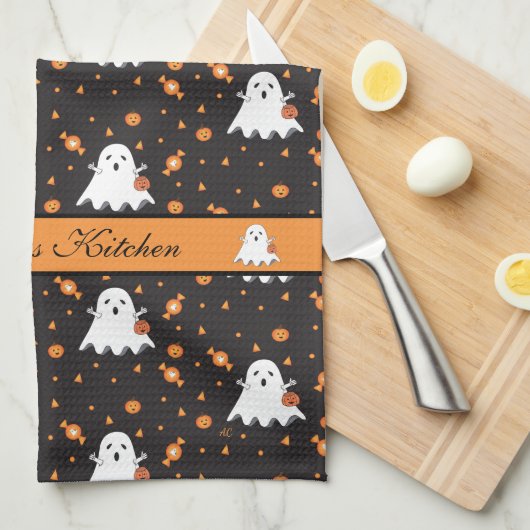 Gepersonaliseerde Halloween Ghost Pattern Zwart Theedoek (Quarter Fold)