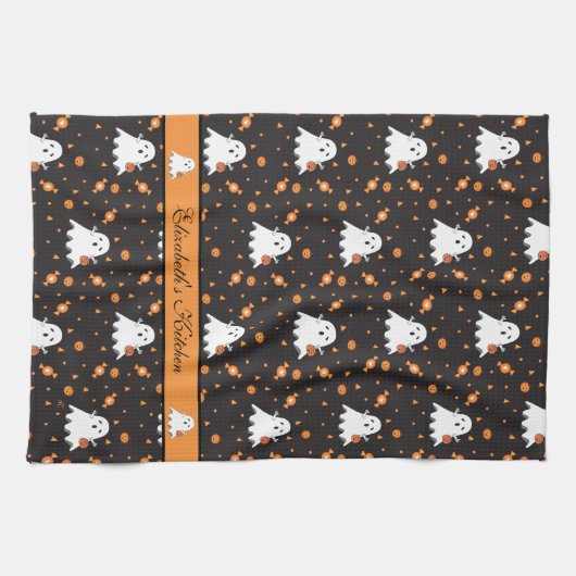 Gepersonaliseerde Halloween Ghost Pattern Zwart Theedoek (Horizontaal)