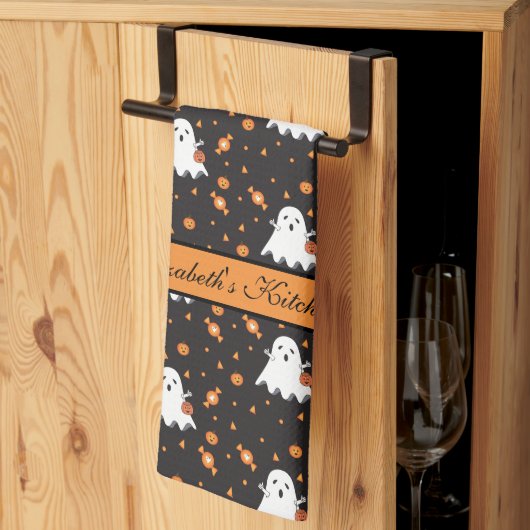 Gepersonaliseerde Halloween Ghost Pattern Zwart Theedoek (Derde Gevouwen)