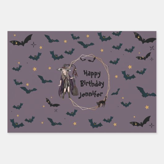 Gepersonaliseerde Halloween Witch/Bats Pattern Wra Inpakpapier Vel (Voorkant 2)