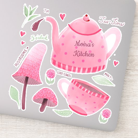 Gepersonaliseerde Hand geschilderd roze Tea-Time S Sticker (Detail)