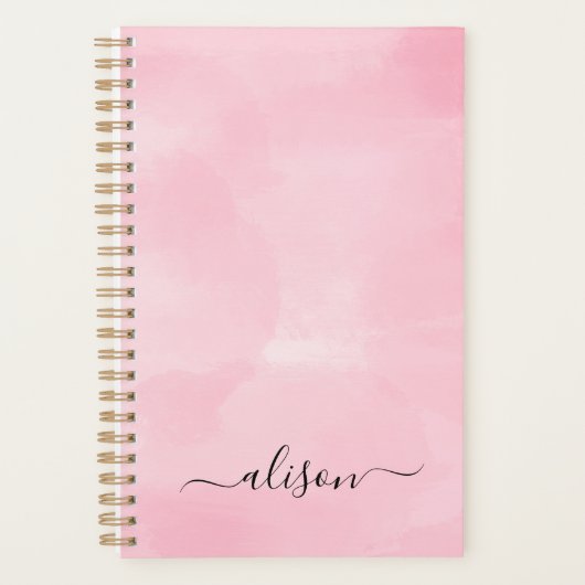Gepersonaliseerde Handtekening Roze Waterverf Plan Planner (Voorkant)