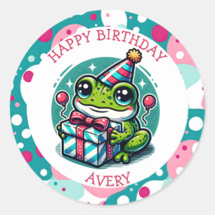 Gepersonaliseerde Happy Birthday Frog Thema Ronde Sticker