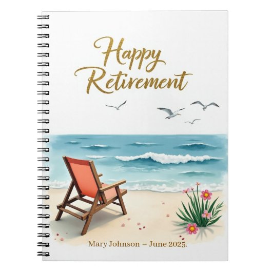 Gepersonaliseerde Happy Retirement Waterverf Beach Notitieboek (Voorkant)
