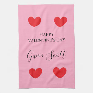 Gepersonaliseerde Happy Valentijns's rood hart roz Theedoek