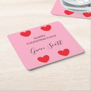Gepersonaliseerde Happy Valentijns's rood hart roz Vierkante Kartonnen Onderzetter