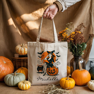 Gepersonaliseerde heks op Pumpkin Cauldron Tote Bag