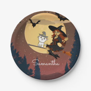 Gepersonaliseerde heksenkat Happy Halloween Naam Papieren Bordje