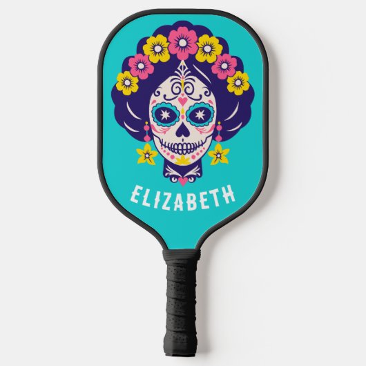 Gepersonaliseerde Heldere Bloemen Suiker Schedel M Pickleball Paddle (Achterkant)