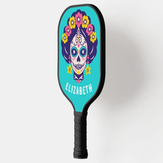 Gepersonaliseerde Heldere Bloemen Suiker Schedel M Pickleball Paddle (Links)