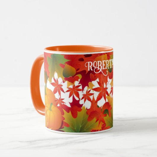 Gepersonaliseerde herfstbladeren en pompoenen mok (Voorkant links)
