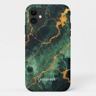 Gepersonaliseerde herfstbos groen & goud marmer iPhone 11 hoesje