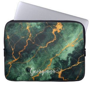 Gepersonaliseerde herfstbos groen & goud marmer laptop sleeve