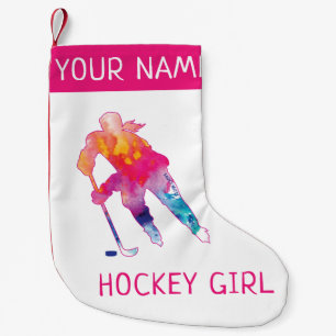 Gepersonaliseerde hockey Girl Player Waterverf Roz Kleine Kerstsok