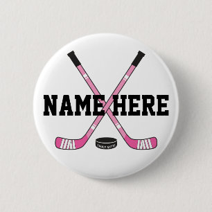 Gepersonaliseerde hockey speler naam roze pin voor ronde button 5,7 cm
