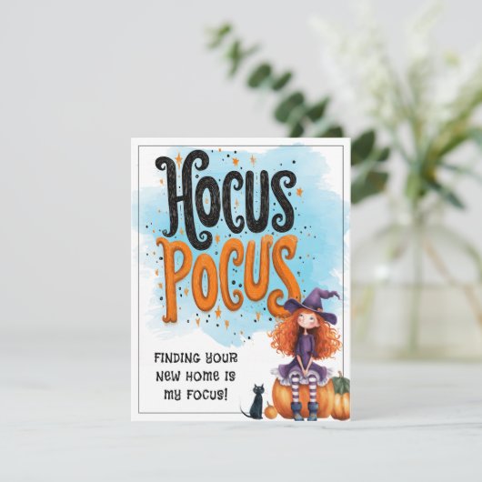 Gepersonaliseerde Hocus Pocus Makelaardij Hallowee Feestdagenkaart (Staand voorkant)