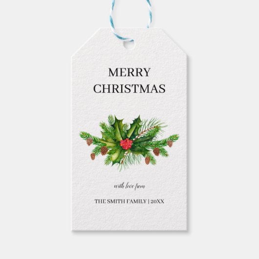 Gepersonaliseerde Holly Pine & Berry Merry Kerstmi Cadeaulabel (Voorkant)