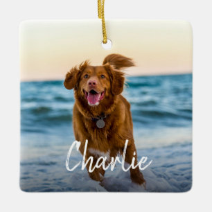 Gepersonaliseerde hondenfoto naam keramisch ornament