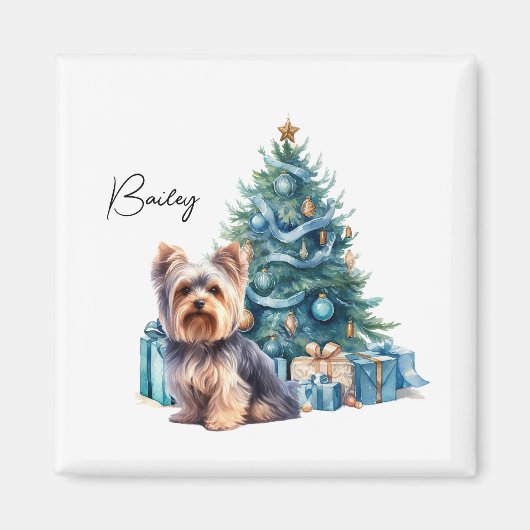 Gepersonaliseerde hondennaam Yorkie met kerstboom Magneet (Voorkant)