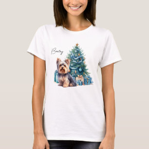 Gepersonaliseerde hondennaam Yorkie met kerstboom T-shirt