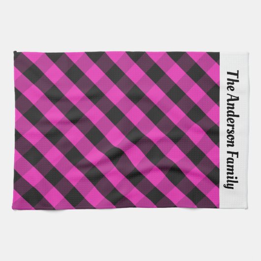 Gepersonaliseerde Hot Pink Buffalo Plaid Check Pat Theedoek (Horizontaal)