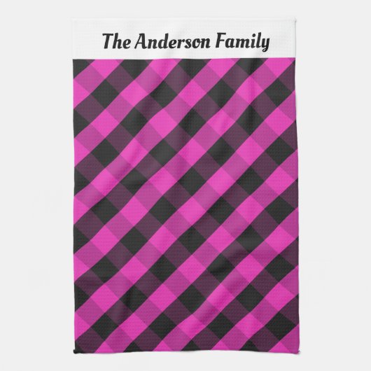 Gepersonaliseerde Hot Pink Buffalo Plaid Check Pat Theedoek (Verticaal)