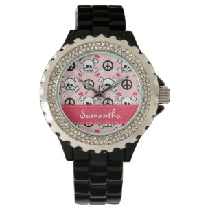 Gepersonaliseerde Hot Pink en Black Skull Horloge