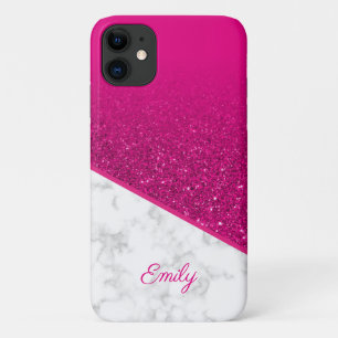 Gepersonaliseerde Hot Pink Glitter - Wit Marmeren iPhone 11 Hoesje