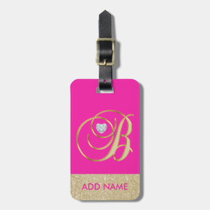 Gepersonaliseerde Hot Pink gouden monogram letter Bagagelabel