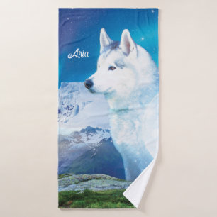 Gepersonaliseerde Husky hond met bergen Badhanddoek