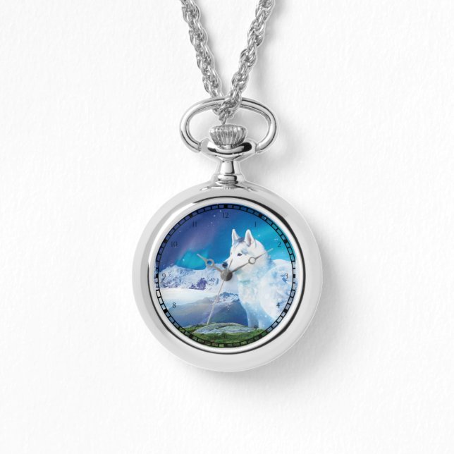 Gepersonaliseerde Husky hond met bergen Horloge (Voorkant)