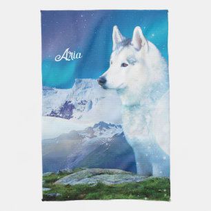 Gepersonaliseerde Husky hond met bergen Theedoek