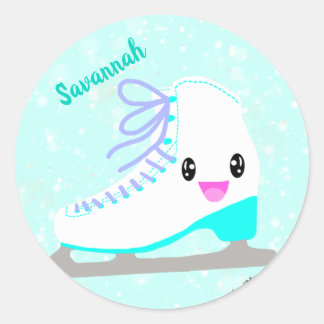 Gepersonaliseerde ijsschaatsen Blue Kawaii kunstsc Ronde Sticker