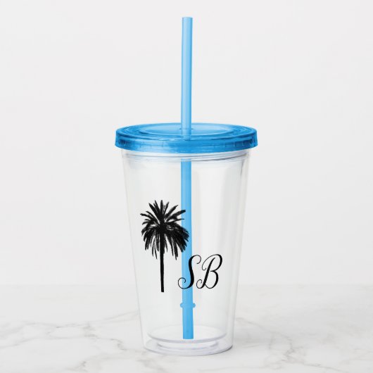 Gepersonaliseerde Initialen Palm Tree Beach Island Acryl Drinkbeker (Voorkant)